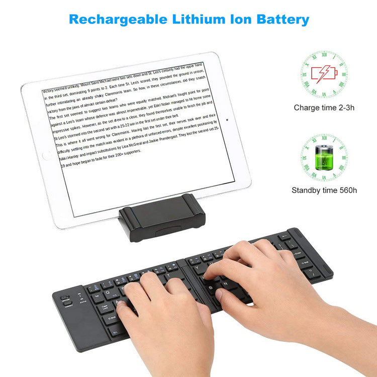 Foldable keyboard with rechargeable lithium ion battery features displayed on a white background