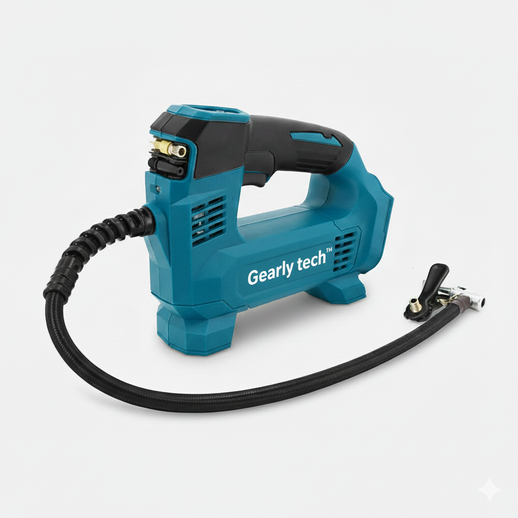 Blue and black Gearly tech air compressor on a white background