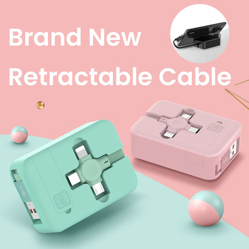 Two retractable cables, one green and one pink, on a light blue background with 'Brand New Retractable Cable' text.