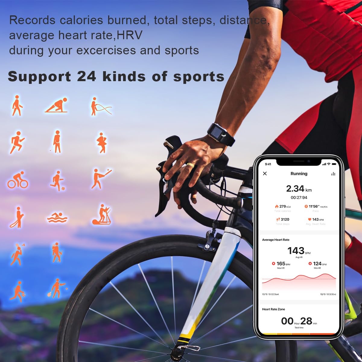 Person on a bicycle with a smartphone displaying fitness data, set against a scenic background.