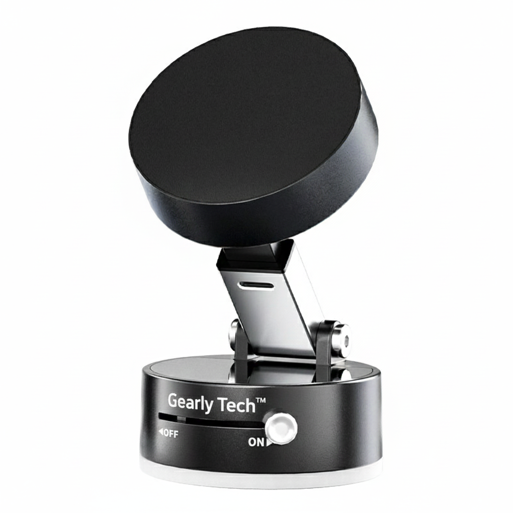 Black phone stand with adjustable arm on a white background, branded 'Gearly Tech'.