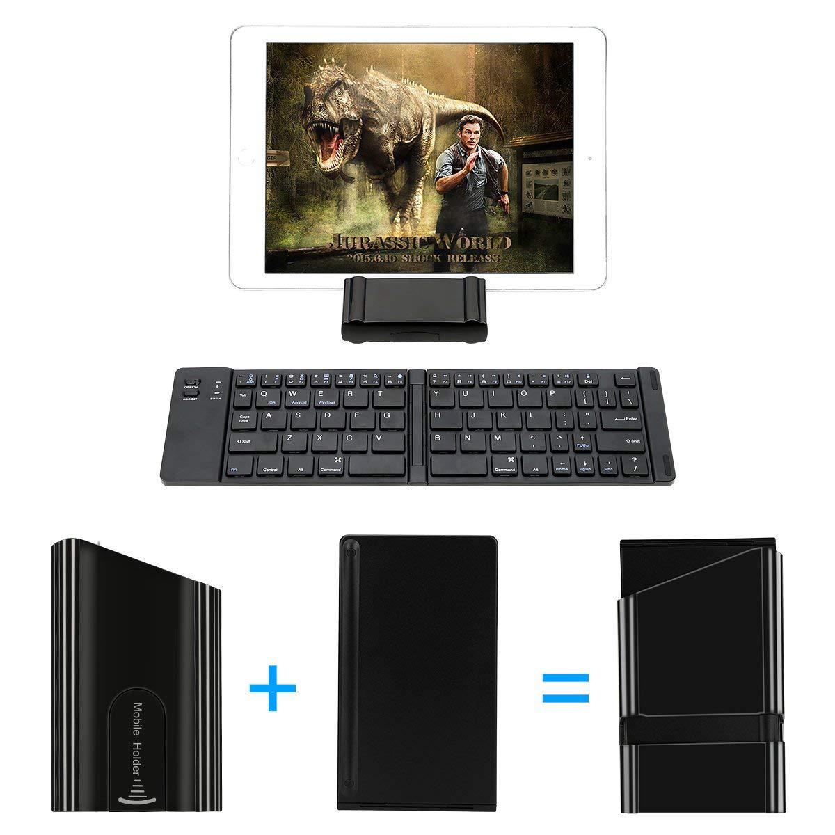 Tablet with keyboard and stand, showing 'Jurassic World' movie poster.