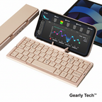 Foldable keyboard with a smartphone displaying a graph on a white background, branded 'Gearly Tech'.