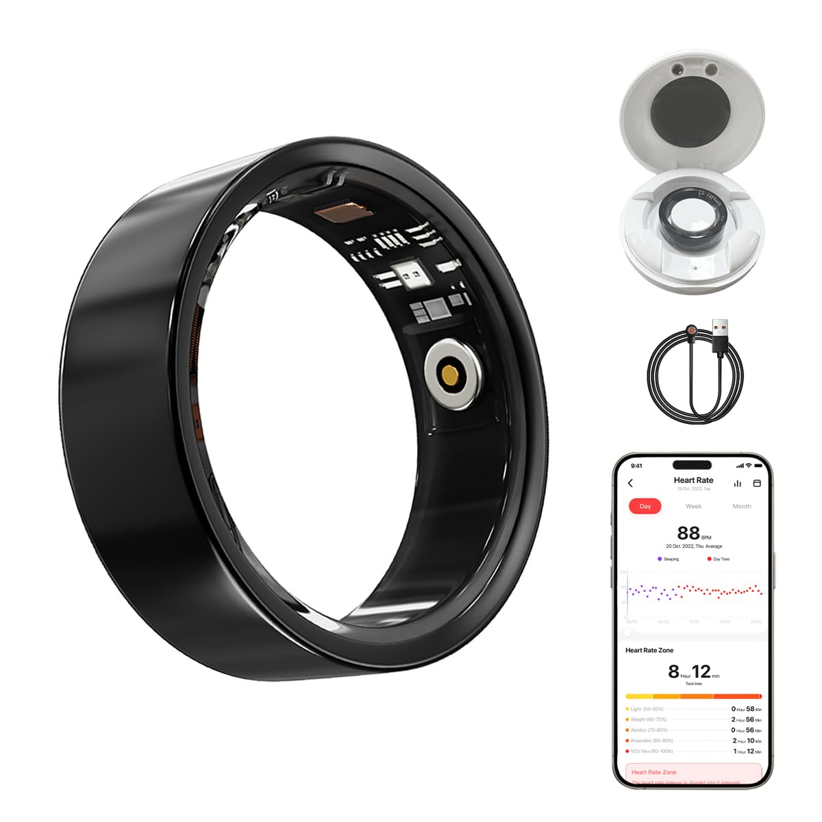 Smart ring with app interface on a white background