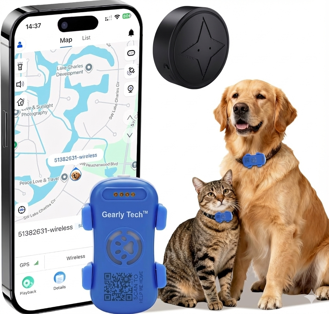 Pet tracking device with smartphone app, dog, and cat on a white background