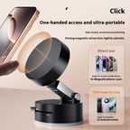 Black magnetic phone holder with smartphone attachment, text highlighting features on a beige background